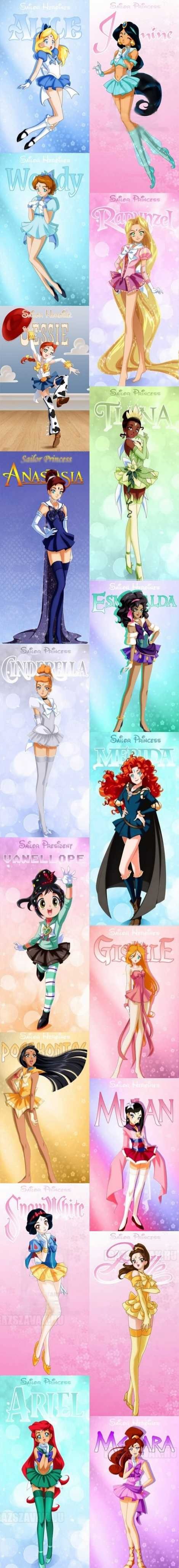 disney mesék hősnői Sailor Moon karakterként újraképzelve